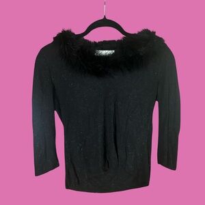 Elegant Black Sweater with Faux Fur Trim